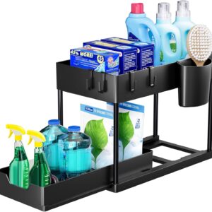 2-Tier Under Sink Organizer Rack – Multi-Purpose Kitchen & Bathroom Storage Shelf with Side Cup Holder | Black Metal Sliding Cabinet Organizer