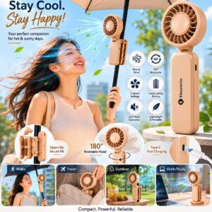 Portable Clip-On Umbrella Fan Rechargeable Mini USB Cooling Fan Foldable Hands-Free Personal Fan for Umbrella, Stroller, Camping, Outdoor Travel, Beach & Sports